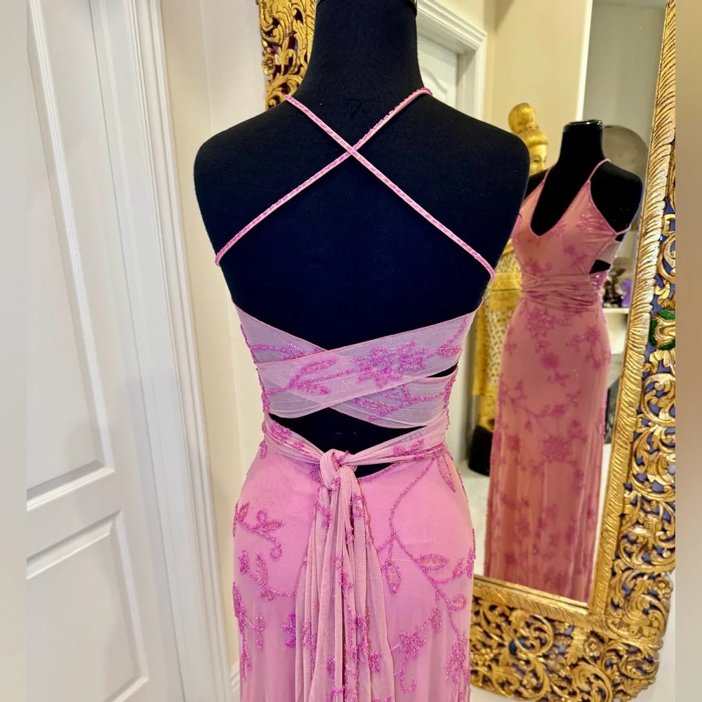Elegant dusty Pink hand, beaded, designer Evening Gown can be worn‎ two ways